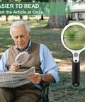 Rechargeable Illuminated Handheld Magnifier With 48 LED Lights, 10X 20X 45X Zoom, Scratch Resistant 4.3 Inch Lens in use by a senior reading a newspaper outdoors.