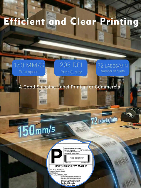 Bluetooth 4x6 Thermal Shipping Label Printer For Small Biz Wireless Label Printer For Android iPhone Windows Mac Budget Friendly Setup Great For Amazon Etsy USPS And More showing printing speed and capacity