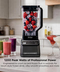 Top Shelf Professional Blender With 1200 Watt Motor And Auto Iq Technology 72 Oz Pitcher For Smoothies And Shakes, fruits and ice in pitcher.
