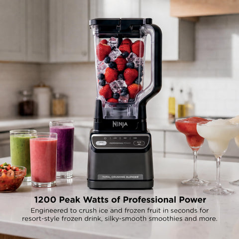 Top Shelf Professional Blender With 1200 Watt Motor And Auto Iq Technology 72 Oz Pitcher For Smoothies And Shakes, fruits and ice in pitcher.