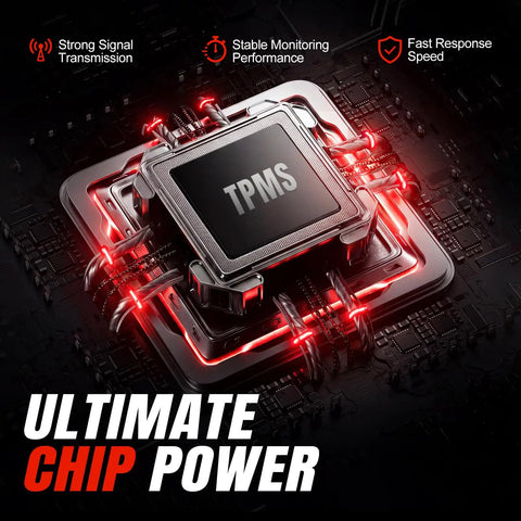 Close-up of TPMS chip showcasing strong signal transmission for Top Shelf 433MHZ TPMS Sensor Kit Four Pack Pre Programmed Tire Pressure Monitoring System Direct Fit Hyundai Kia Genesis Highway Ready Straight Up Plug And Play Drop In Replacement 2017 2024.