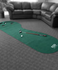 Three Hole Indoor Putting Mat For Home Golf Practice, 3 Foot By 9 Foot With Kidney Shaped Layout in living room