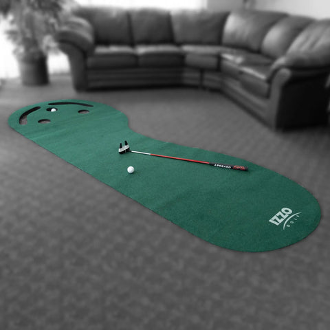 Three Hole Indoor Putting Mat For Home Golf Practice, 3 Foot By 9 Foot With Kidney Shaped Layout in living room