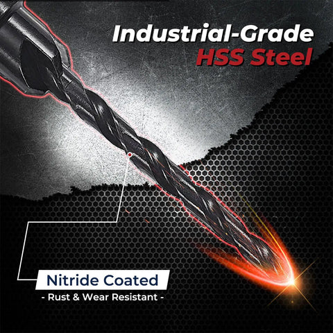 Kickass Countersink Drill Bit Set For Serious Woodworking Builds With Tapered Drill Bits And Wood Plugs showing nitride coated HSS steel drill.