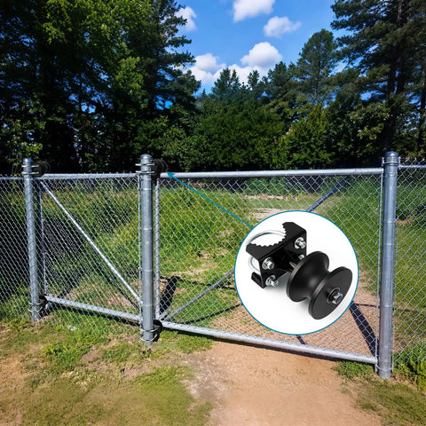 Cantilevered Gate Roller Built Tough With Heavy Duty Nylon Wheel And Weather Resistant Frame, Steel U Bolt And Mounting Hardware For Quick Install Fits Four Inch Round Posts And Two And Three Eighths Inch Or Two And A Half Inch Chain Link Fence Frames mounted on chain-link gate