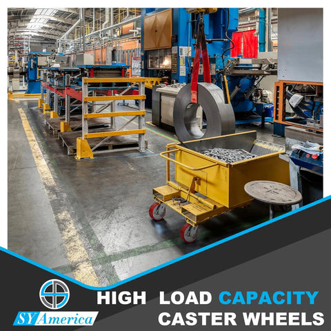 Heavy Duty 8 Inch Diameter By 2 Inch Wide Red Polyurethane Caster Wheels With Roller Bearings in warehouse setup