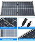 Dual Glass Bifacial 100W Solar Panel Kit With 10A PWM Charge Controller showing waterproof junction box and connectors