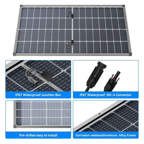 Dual Glass Bifacial 100W Solar Panel Kit With 10A PWM Charge Controller showing waterproof junction box and connectors