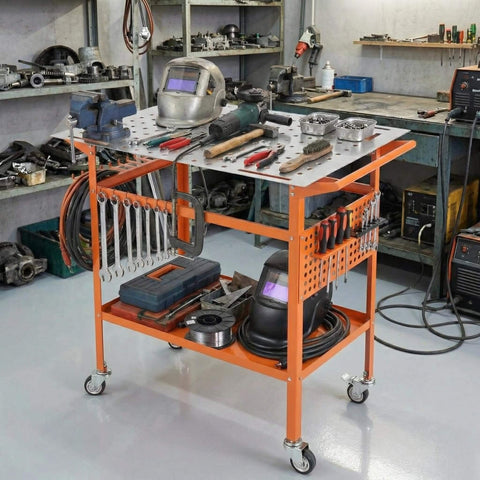 Rugged 36 Inch By 24 Inch Welding Table With 800 Pound Capacity Portable Welding Workbench On Wheels Two Brake Wheels And Four Adjustable Feet Side Hanging Board For Quick Access Tools Ideal For Garage Workshop.