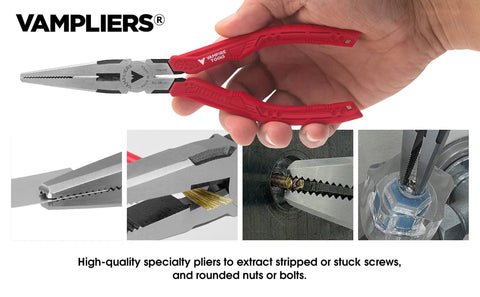 Three Piece Screw Extractor Pliers Set For Stripped And Damaged Screws Includes Eight Inch Lineman Pliers shown in hand
