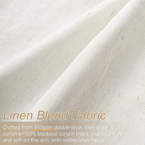 Close-up of linen blend fabric of 96 Inch Long Natural Pinch Pleated Blackout Curtains With Thermal Insulation And Linen Look One Panel 72W By 96L Inches Boss Level Light Blocking For Large Living Room Windows Track System Drapes For Bedroom Privacy And Noise Reduction.