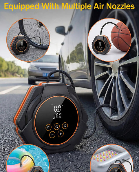 150 PSI Portable Tire Inflator Air Compressor. 4X Faster Inflation For Cars And Bikes. Dual Digital Display, Auto Shut-Off, And Bright LED Light. Compact Handheld Pump With 12V DC Car Plug. Fast Precise Air Flow At 35L Min Max Pressure.