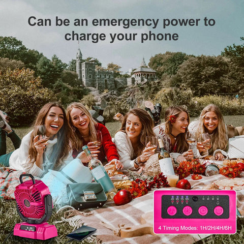 Group of friends with Portable Camping Fan With LED Lantern And 20000mAh Battery Auto Oscillation Remote Timer in park