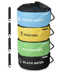 Stacked Four Pack Waterproof RV Hose Bags And Utility Storage Set for Sewer Hoses, Fresh Water Hoses, Cords, Camper Tools, Color Coded