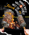Rolling Grill Basket Two Pack Stainless Steel Grilling Basket With Removable Wooden Handle in use over BBQ flames.