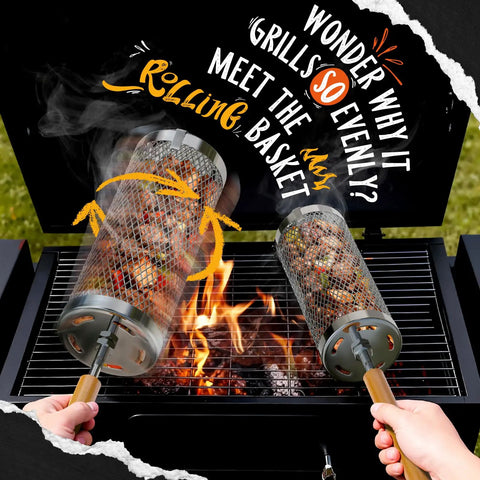Rolling Grill Basket Two Pack Stainless Steel Grilling Basket With Removable Wooden Handle in use over BBQ flames.