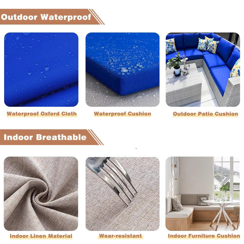 Custom Bench Cushions For Indoor Furniture And Outdoor Patio, Totally Customizable Size Thickness Shape Fabric Color Piping And Non Slip Fixing, 75D Foam Seat Cushions For Bay Windows Kitchen Nook Benches Mudrooms And Sofas in various materials and settings.