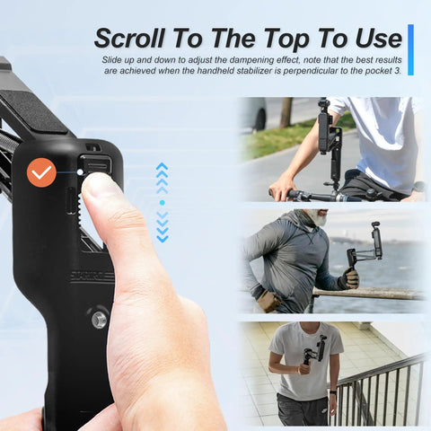 Image of Osmo Pocket 3 Handheld Stabilizer Grip Case and Storage Set in use, showing grip adjustment and anti-shake feature.