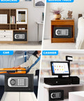 Compact Home Safe Box 0.30 Cu Ft Mini Safe With Digital Keypad in various home and car settings