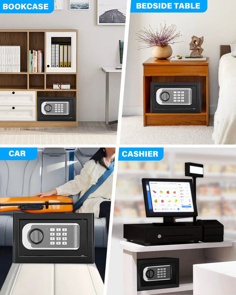 Compact Home Safe Box 0.30 Cu Ft Mini Safe With Digital Keypad in various home and car settings