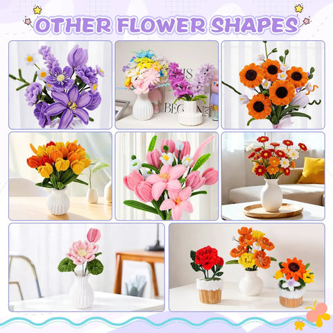 Bouquets created with 900 Piece Pipe Cleaners Craft Kit With 14 Colors, displayed in various vases for DIY flower projects