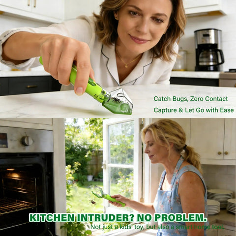 Woman using Bug Hunter Kit With 6X Magnifier Glass for capturing insects in kitchen and garden, showcasing easy operation.