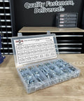 Assortment kit of Grade 10.9 JIS hex flange bolts and frame cap screws in a clear plastic organizer, zinc-plated M6–M10.