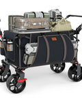 Folding Push Wagon With Brakes, Portable Collapsible Shopping Cart On All Terrain Big Wheels For Camping Beach Sports And Outdoor Hauling, loaded with camping gear and luggage.