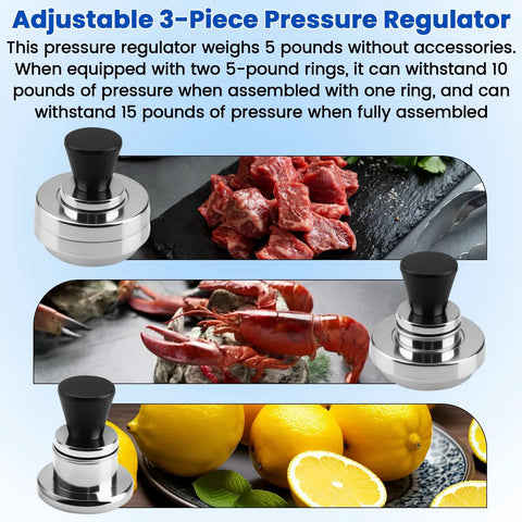 Three Piece Adjustable Pressure Regulator Kit For Canners And Pressure Cookers, 5 10 15 Lb Settings shown with food examples