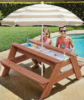 Kids 3-In-1 Sand And Water Table With Wood Outdoor Convertible Picnic Table Umbrella Two Trays by a pool