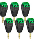 Six Pack Of 3.5 Mm Stereo Audio Jack Adapters Solderless One Eighth Inch Male To Two Pin Female Screw Terminal, black and green