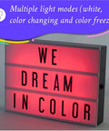 Color Changing LED Light Box Sign With 100 Letters And Symbols Custom Neon Message Board For Home Or Events RGB Glow And White Light Options Let Your Messages Shine And Set The Vibe 7.8 By 5.9 Inch Marquee Display with 'We Dream In Color' text