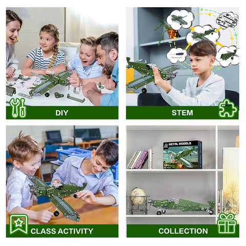 Kids playing with Metal Aircraft Building Kit For Kids 8 To 12 258 Piece STEM Construction Set with DIY and STEM activities.