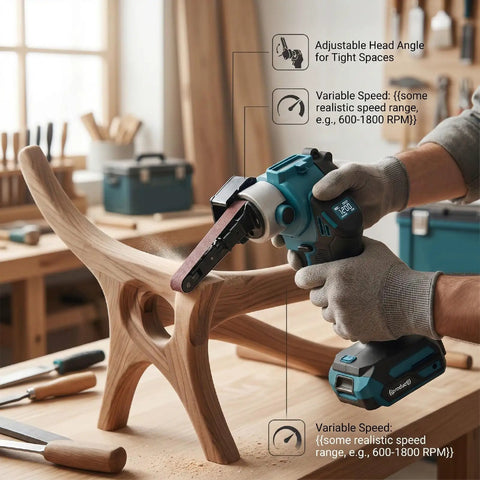 Badass Cordless Belt Sander Packs Brushless Motor To Crush Rust And Polish Wood Super Smooth No Cord Tangles 1700 Rpm Heavy Duty Detail Grinder For Shop Jobs in use on wooden furniture.