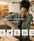 Built Tough Unisex Safety Glasses With No Sweat Anti Fog Lens And Z87 Plus High Impact Rating For Real Deal Eye Protection On Any Rough Work Site Today on a smiling woman.