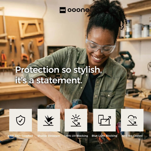 Built Tough Unisex Safety Glasses With No Sweat Anti Fog Lens And Z87 Plus High Impact Rating For Real Deal Eye Protection On Any Rough Work Site Today on a smiling woman.