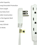 Flat Angled Extension Cord 25 Ft For Indoor Use With 3 Outlets UL Listed 3 Prong Multi Outlet Wire Space Saving White Plug