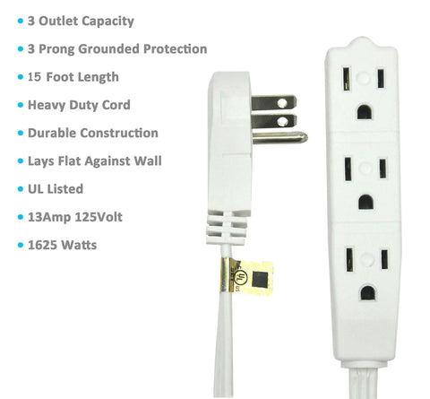 15 Foot Extension Cord With 3 Prong Grounded Plug, 3 Outlets, Angled Flat Plug, White, shown on white background with specs
