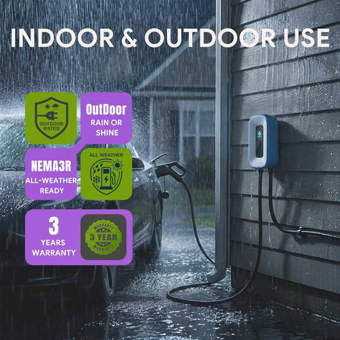 Straight Up Heavy Duty Level 2 EV Charger 50 Amp J1772 Wall Station installed outdoors in rain, showcasing durability and weatherproof features.
