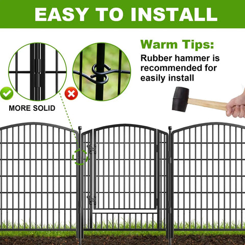No-Dig Gate-Equipped Decorative Garden Fence Kit For Pets, 10 Panels, 31-Inch High, showing gate installation with rubber hammer