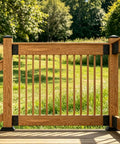 Wooden railing on a deck with trees in the background, using Concealed Joist Hangers For Outdoor Projects 2x4 6 Piece Bracket Set.