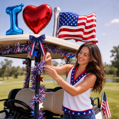 Woman decorating a golf cart with Patriotic Golf Cart Decorations Kit For 4th Of July And 250th Anniversary, USA foil balloons
