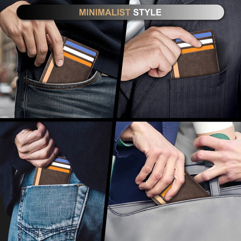 Ultra Slim Front Pocket Leather Wallet With RFID Blocking Minimalist Card Holder Only 0.12 Inch Thick Measures 3.1 X 4.4 Inches Perfect For Everyday Cashless Carry Use Everyday Essentials shown in various pockets and bags.