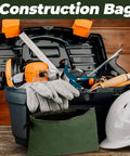 Open toolbox with tools, gloves, and helmet next to an army green canvas bag, part of 12 Pack Canvas Tool Bags With Zippers Heavy Duty 16 Oz Utility Pouches Multipurpose Storage Organizers For Tools Stationery Crafts Electronics Home And Workshop Army Green 11.8 By 7.9 Inches.
