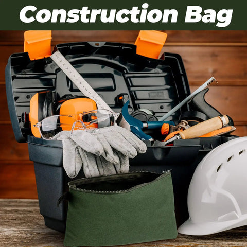 Open toolbox with tools, gloves, and helmet next to an army green canvas bag, part of 12 Pack Canvas Tool Bags With Zippers Heavy Duty 16 Oz Utility Pouches Multipurpose Storage Organizers For Tools Stationery Crafts Electronics Home And Workshop Army Green 11.8 By 7.9 Inches.