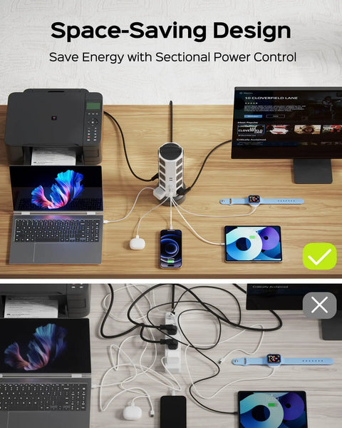 26 In 1 Power Station With 20 Outlets And 6 USB Ports Including 2 USB C, tidy desk setup, cluttered cables comparison.
