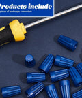 Blue waterproof landscape wire connectors, 40-piece set, scattered on dark work surface with screwdriver