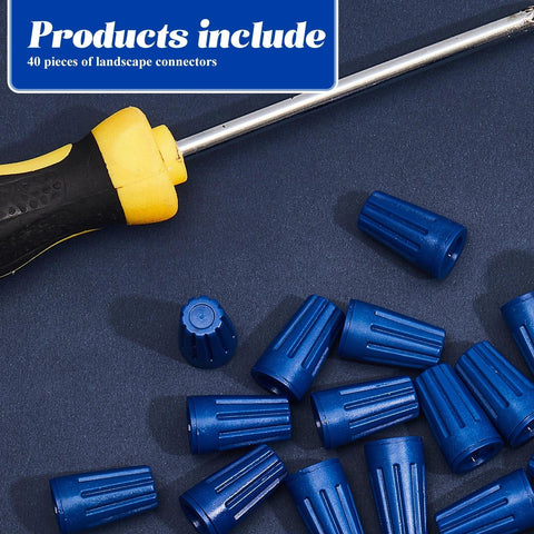 Blue waterproof landscape wire connectors, 40-piece set, scattered on dark work surface with screwdriver