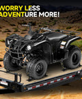 4 Pack E-Track Ratchet Straps With Wheel Chock Kit securing an ATV on a trailer, showing heavy-duty tie down for trucks, trailers, vans.