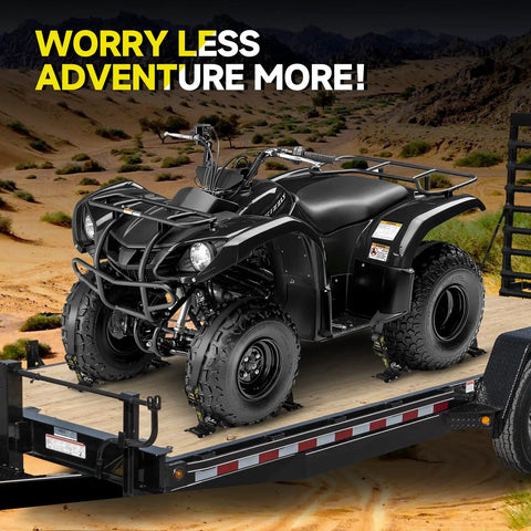 4 Pack E-Track Ratchet Straps With Wheel Chock Kit securing an ATV on a trailer, showing heavy-duty tie down for trucks, trailers, vans.